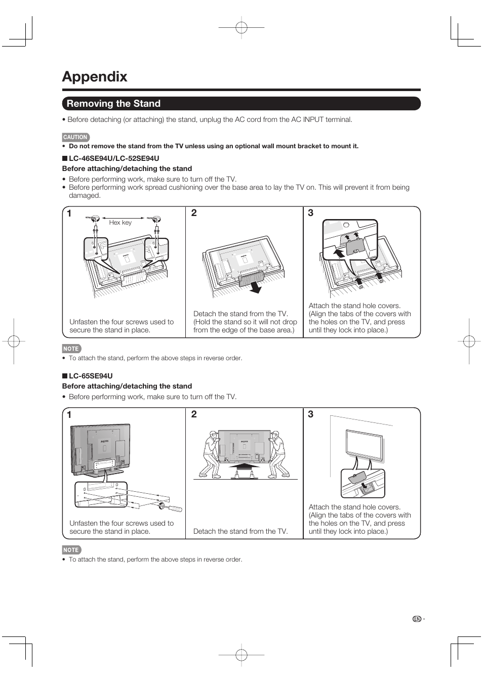 Appendix, Removing the stand | Sharp Aquos LC 52SE94U User Manual | Page 47 / 59