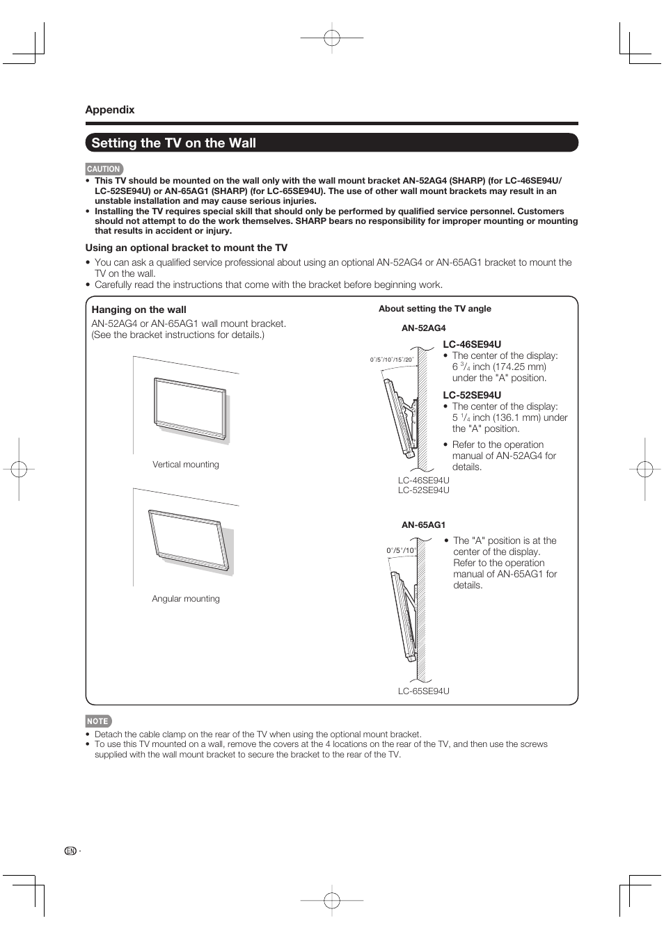 Setting the tv on the wall | Sharp Aquos LC 52SE94U User Manual | Page 48 / 59