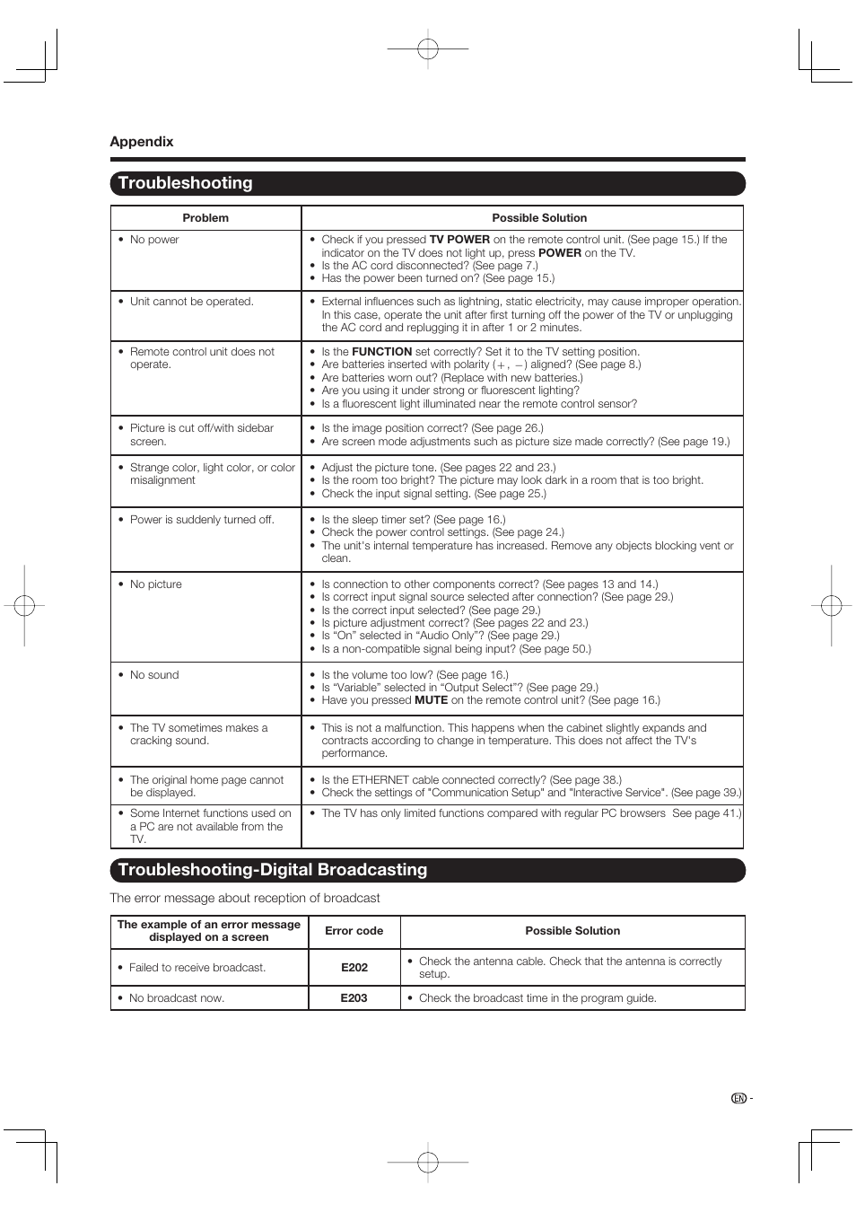 Troubleshooting, Troubleshooting-digital broadcasting | Sharp Aquos LC 52SE94U User Manual | Page 49 / 59