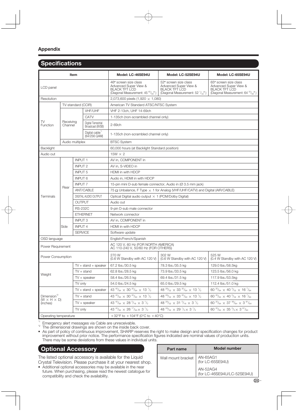 Specifications, Optional accessory, Specifi cations | Appendix | Sharp Aquos LC 52SE94U User Manual | Page 51 / 59