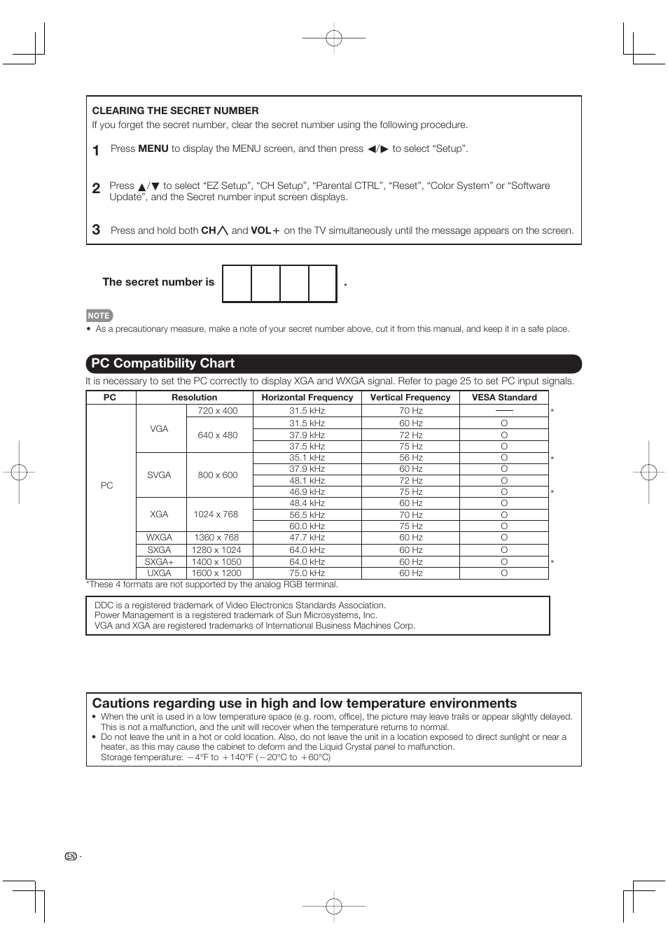 Pc compatibility chart | Sharp Aquos LC 52SE94U User Manual | Page 52 / 59