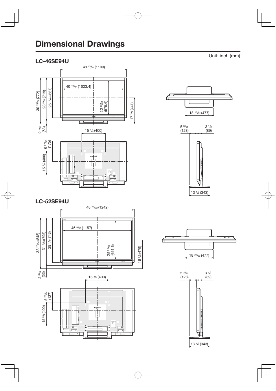 Dimensional drawings, Lc-46se94u, Lc-52se94u | Unit: inch (mm) | Sharp Aquos LC 52SE94U User Manual | Page 57 / 59
