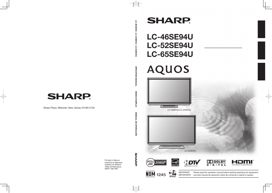 Sharp electronics corporation, Sharp corporation | Sharp Aquos LC 52SE94U User Manual | Page 59 / 59