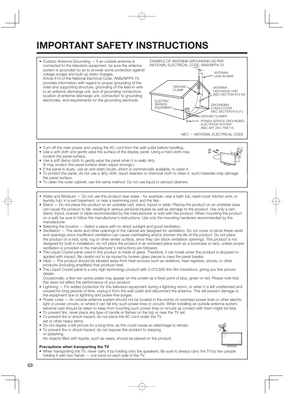 Important safety instructions | Sharp Aquos LC 52SE94U User Manual | Page 6 / 59
