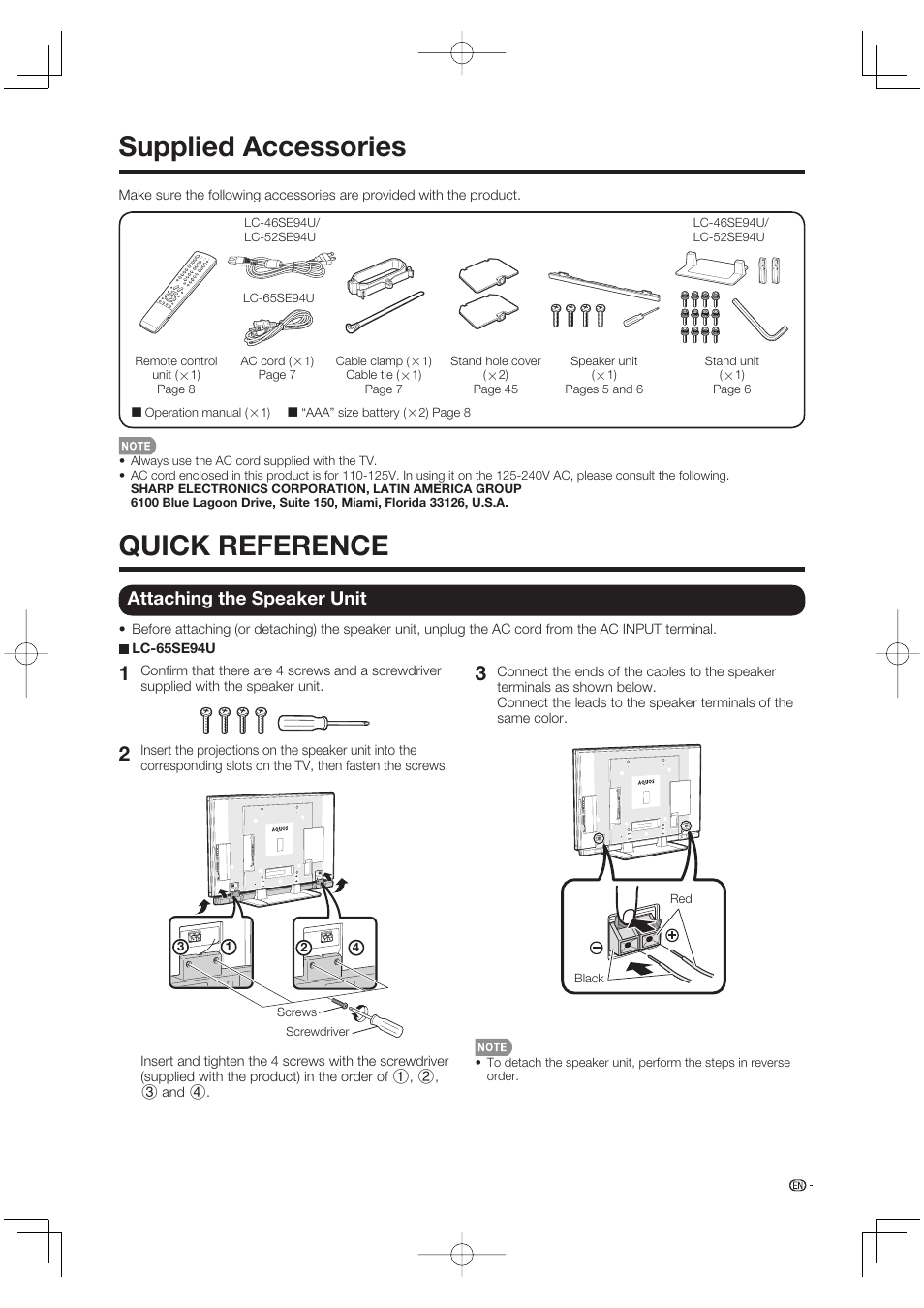 Supplied accessories, Quick reference, Attaching the speaker unit | Sharp Aquos LC 52SE94U User Manual | Page 7 / 59