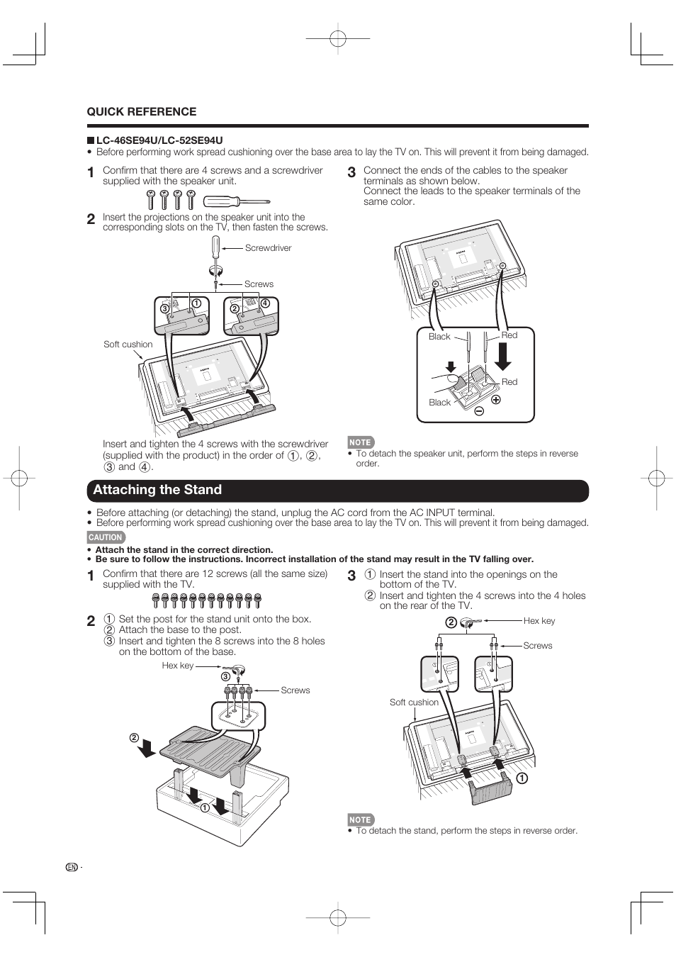 Attaching the stand | Sharp Aquos LC 52SE94U User Manual | Page 8 / 59