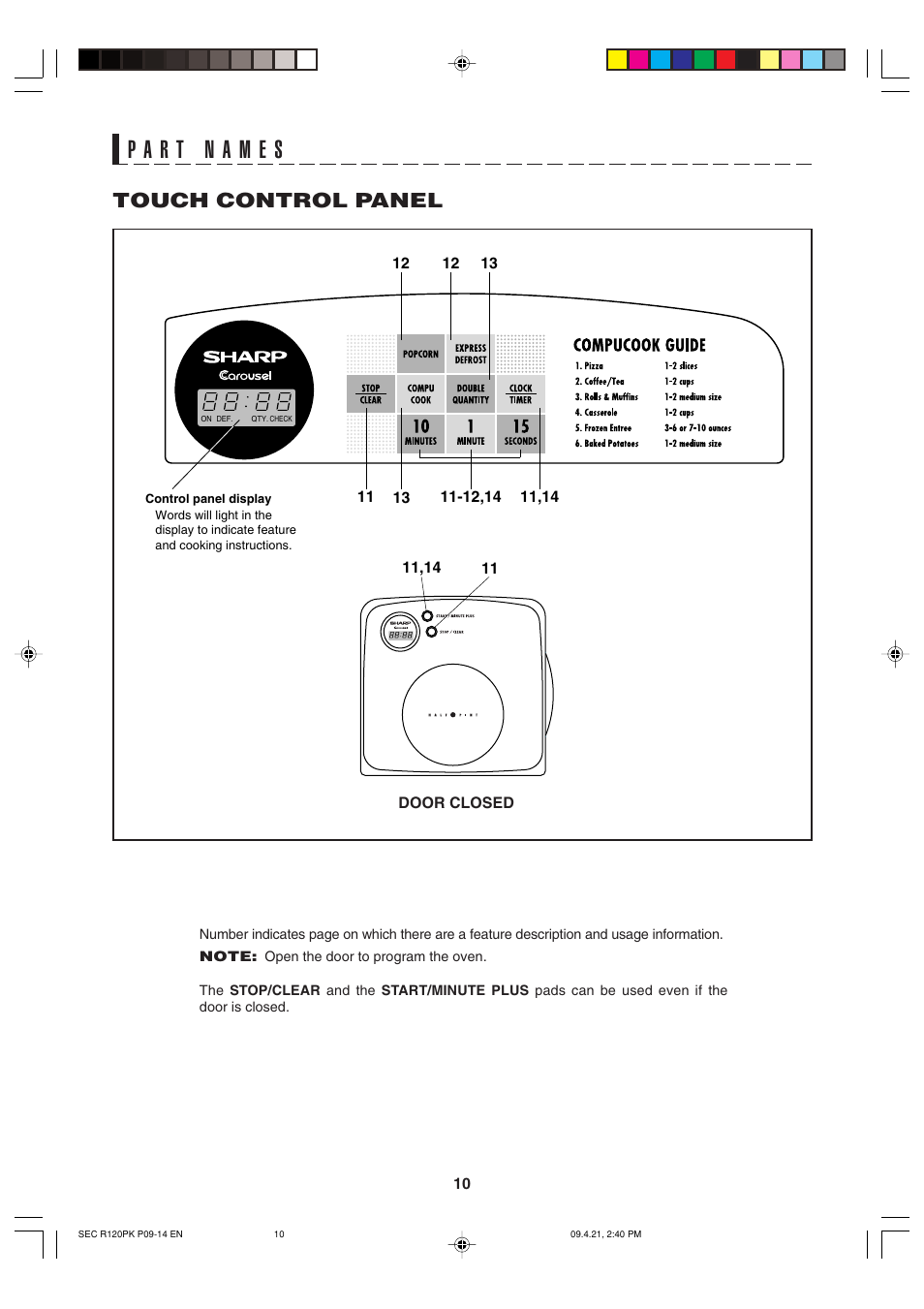 Touch control panel | Sharp CAROUSEL R-120PK User Manual | Page 10 / 18