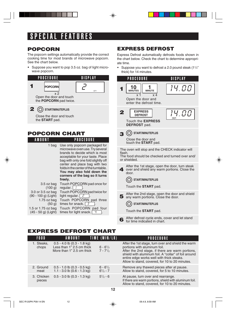 Popcorn, Express defrost, Popcorn chart | Express defrost chart | Sharp CAROUSEL R-120PK User Manual | Page 12 / 18