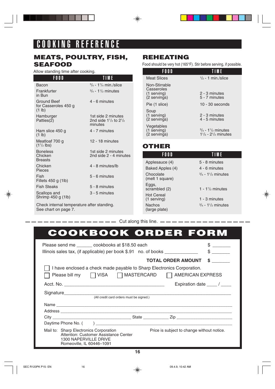 Cookbook order form, Meats, poultry, fish, seafood, Reheating | Other | Sharp CAROUSEL R-120PK User Manual | Page 16 / 18
