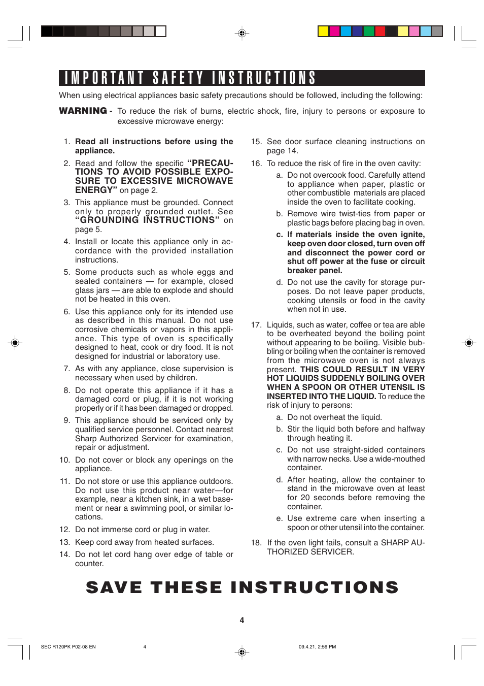 Save these instructions | Sharp CAROUSEL R-120PK User Manual | Page 4 / 18