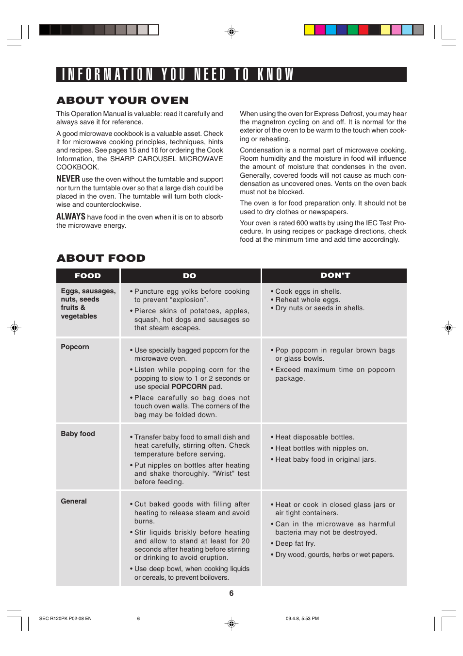 About your oven, About food | Sharp CAROUSEL R-120PK User Manual | Page 6 / 18