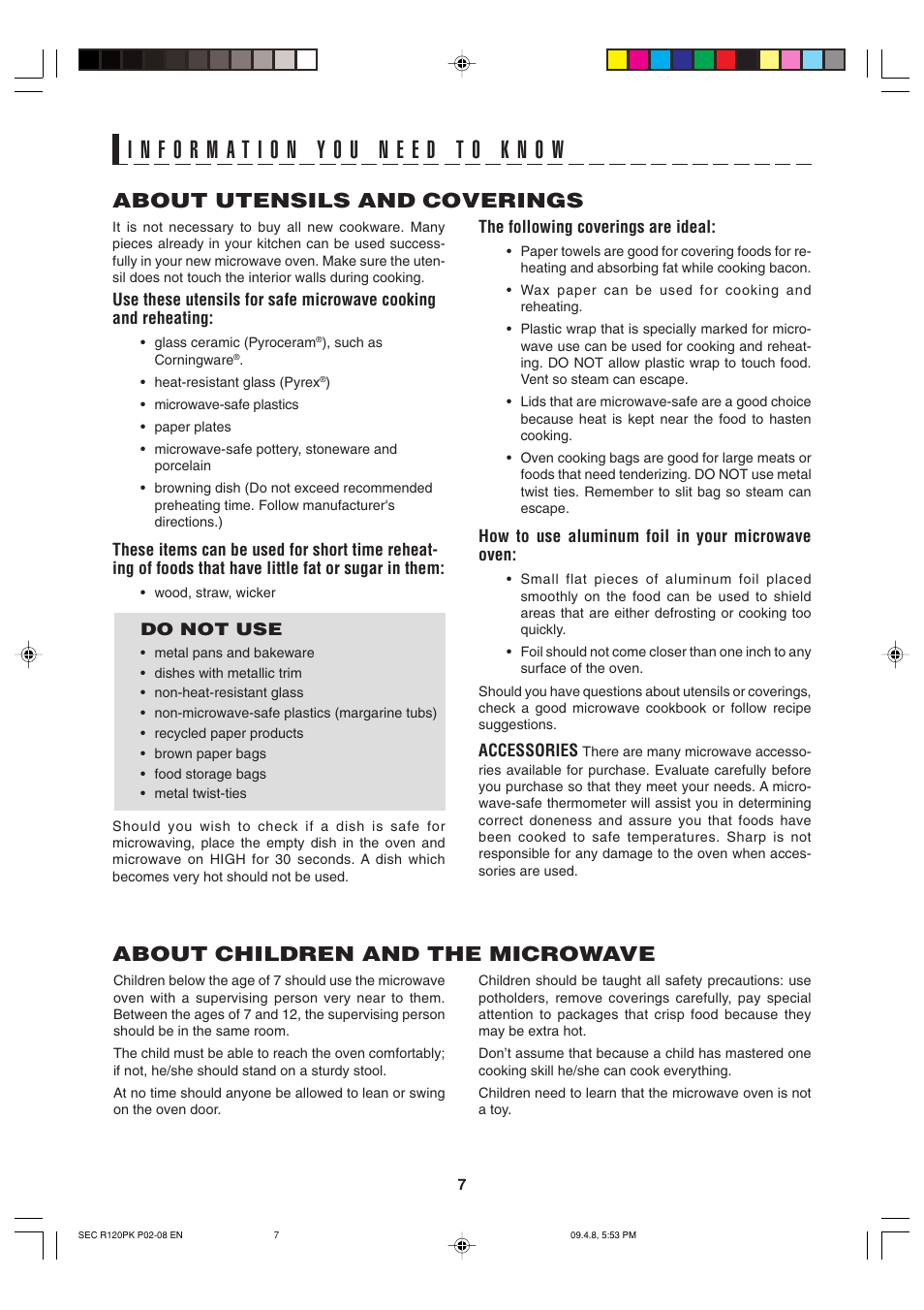 About utensils and coverings, About children and the microwave | Sharp CAROUSEL R-120PK User Manual | Page 7 / 18