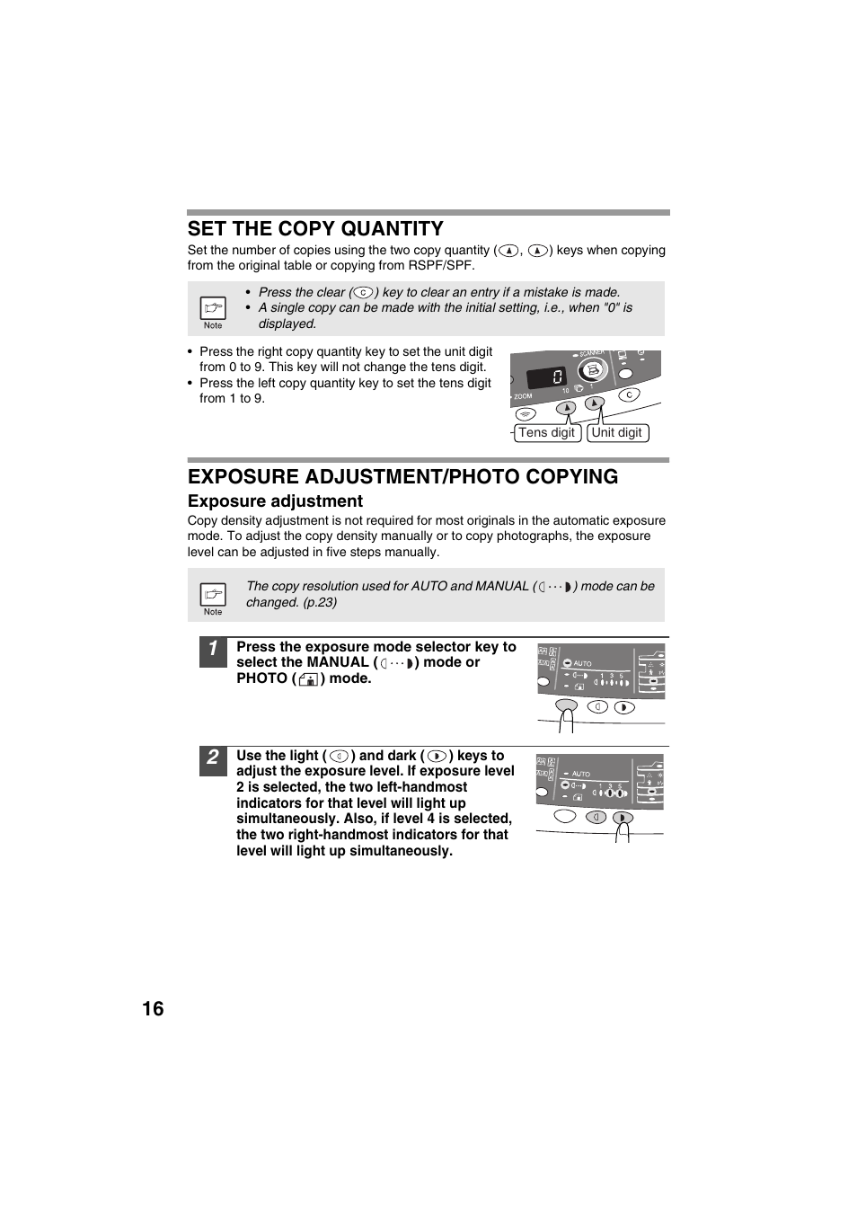 16 set the copy quantity, Exposure adjustment/photo copying | Sharp DIGITAL LASER COPIER/PRINTER AR-153E User Manual | Page 18 / 121