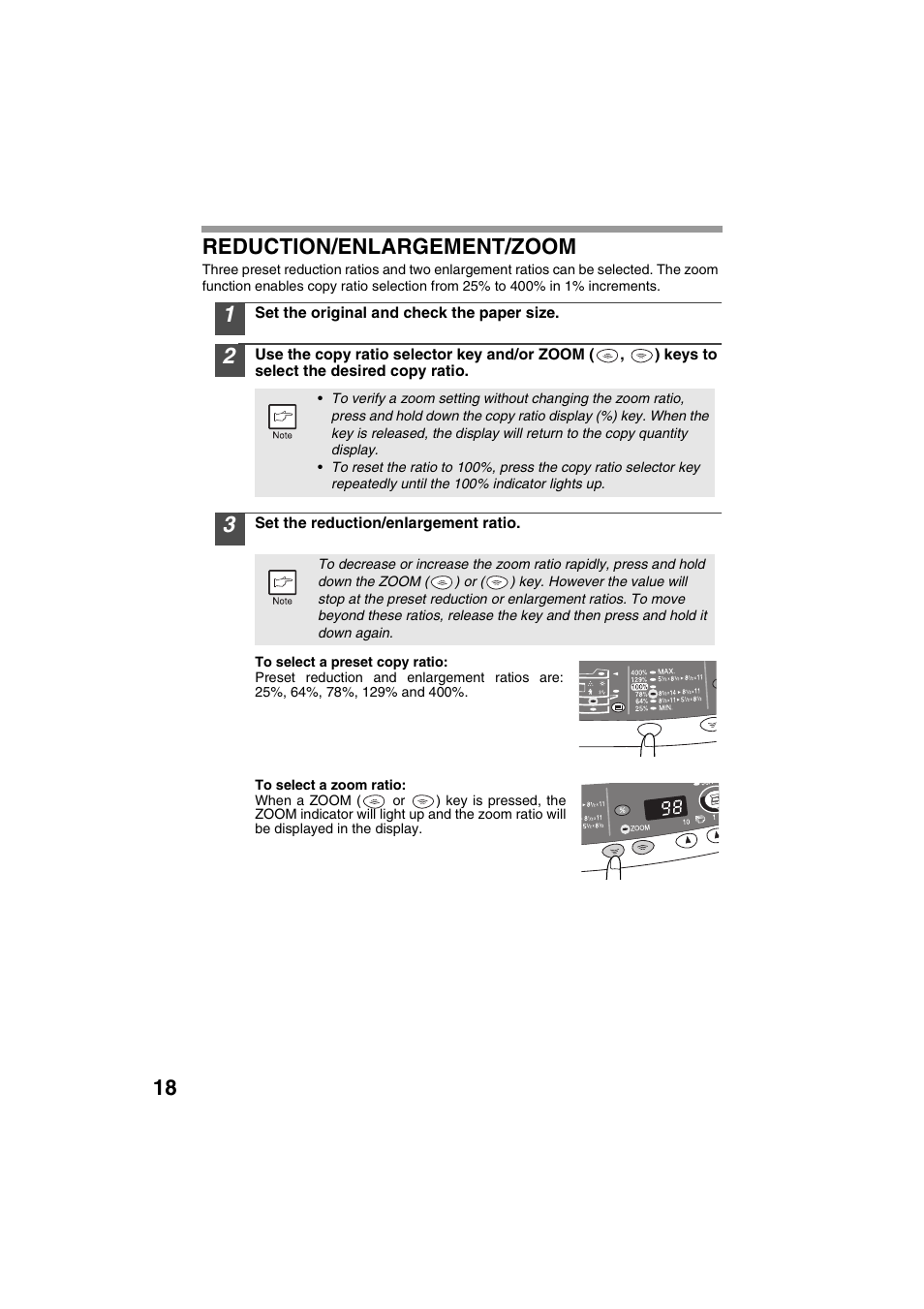 18 reduction/enlargement/zoom | Sharp DIGITAL LASER COPIER/PRINTER AR-153E User Manual | Page 20 / 121