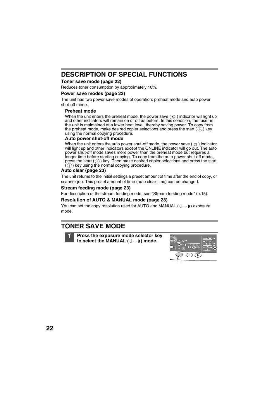 22 description of special functions, Toner save mode | Sharp DIGITAL LASER COPIER/PRINTER AR-153E User Manual | Page 24 / 121