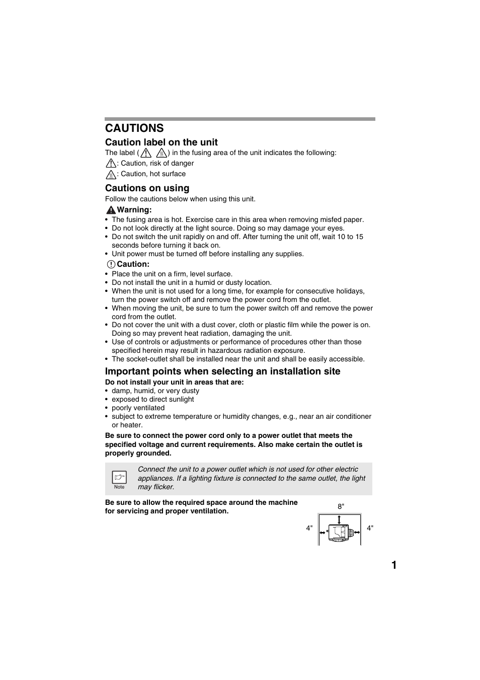 1cautions, Caution label on the unit, Cautions on using | Sharp DIGITAL LASER COPIER/PRINTER AR-153E User Manual | Page 3 / 121