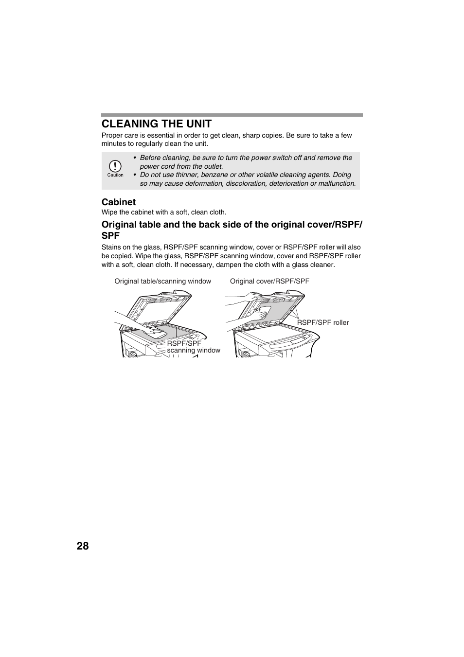 28 cleaning the unit | Sharp DIGITAL LASER COPIER/PRINTER AR-153E User Manual | Page 30 / 121