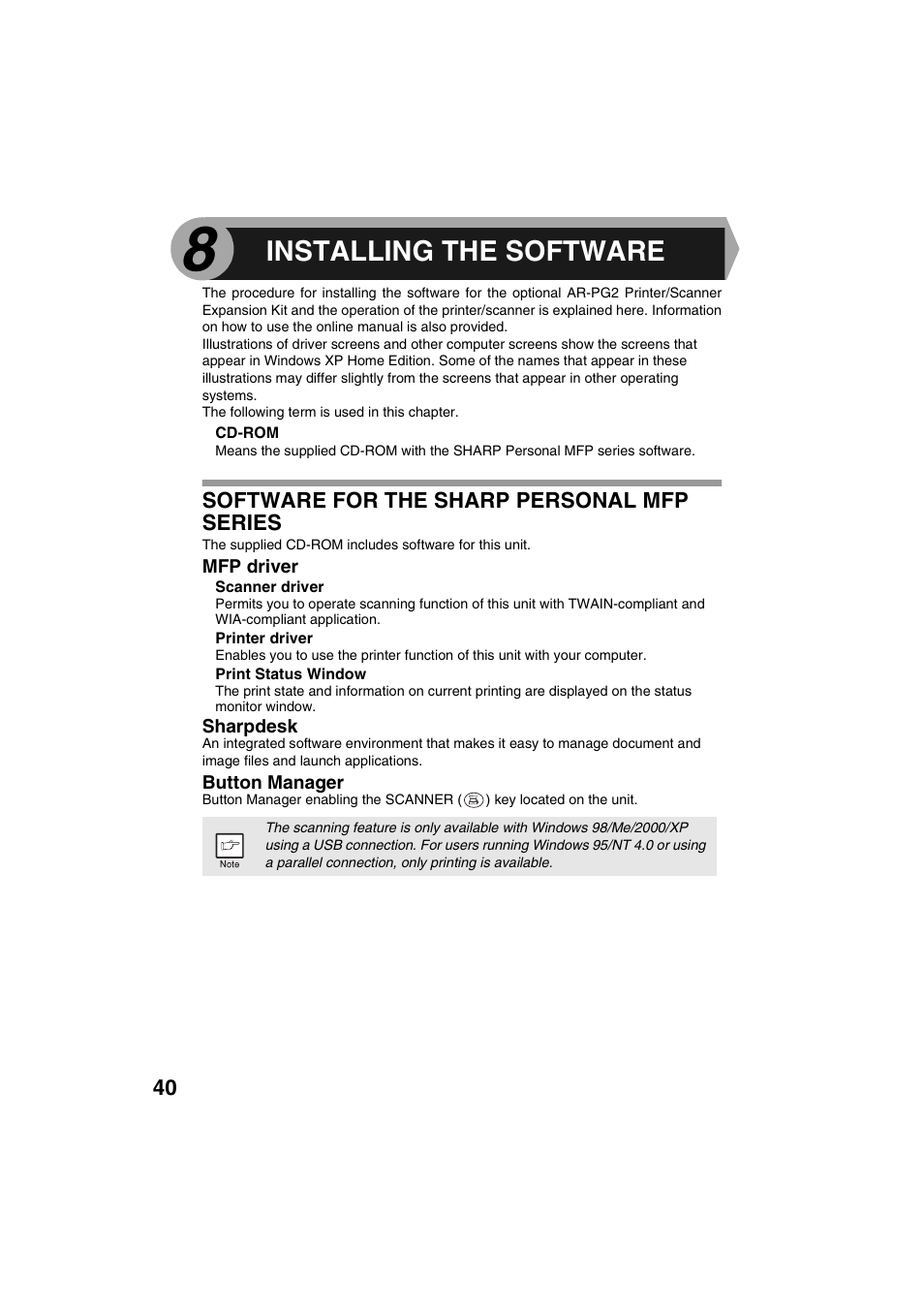 Installing the software | Sharp DIGITAL LASER COPIER/PRINTER AR-153E User Manual | Page 42 / 121
