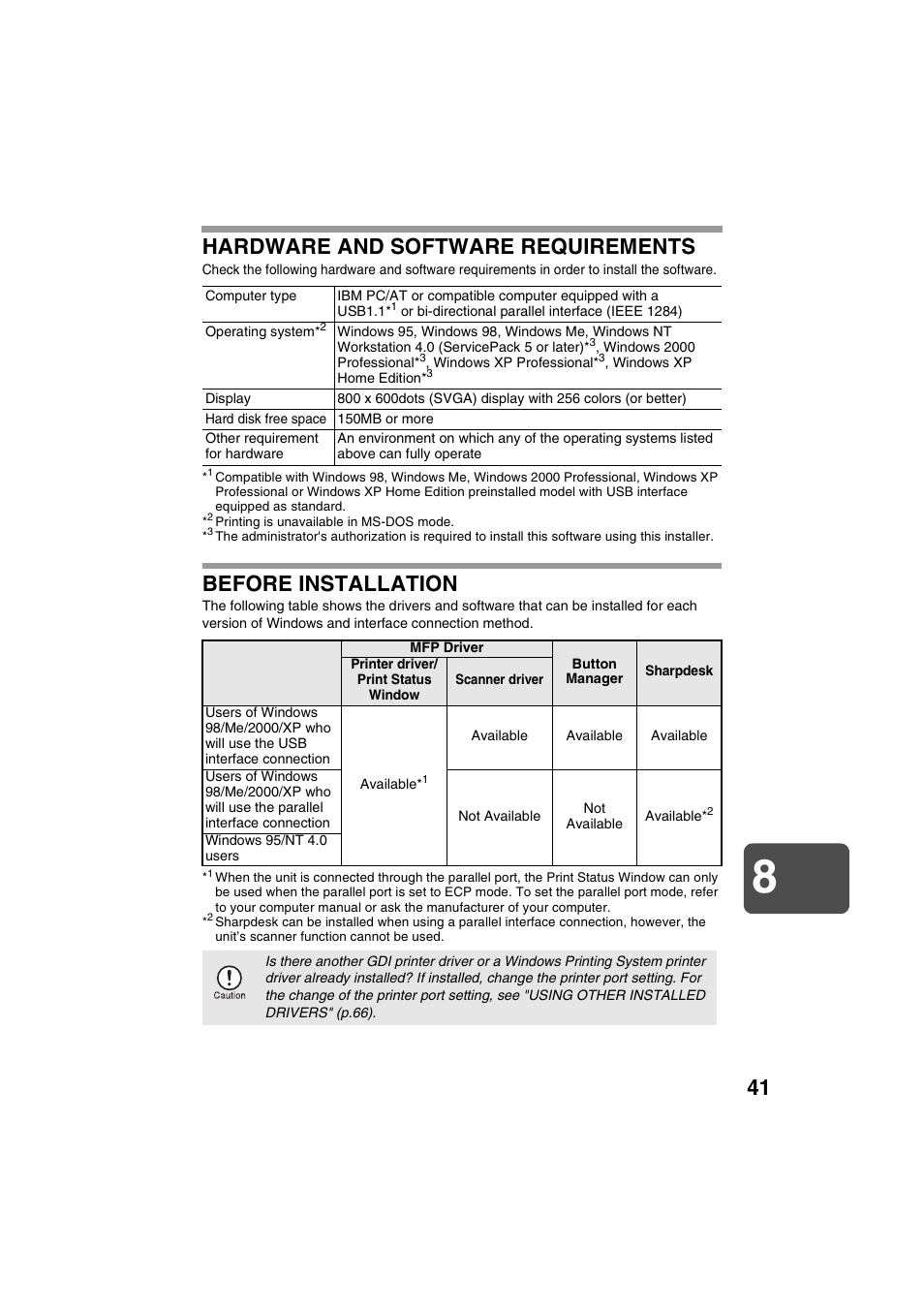 Hardware and software requirements, Before installation | Sharp DIGITAL LASER COPIER/PRINTER AR-153E User Manual | Page 43 / 121