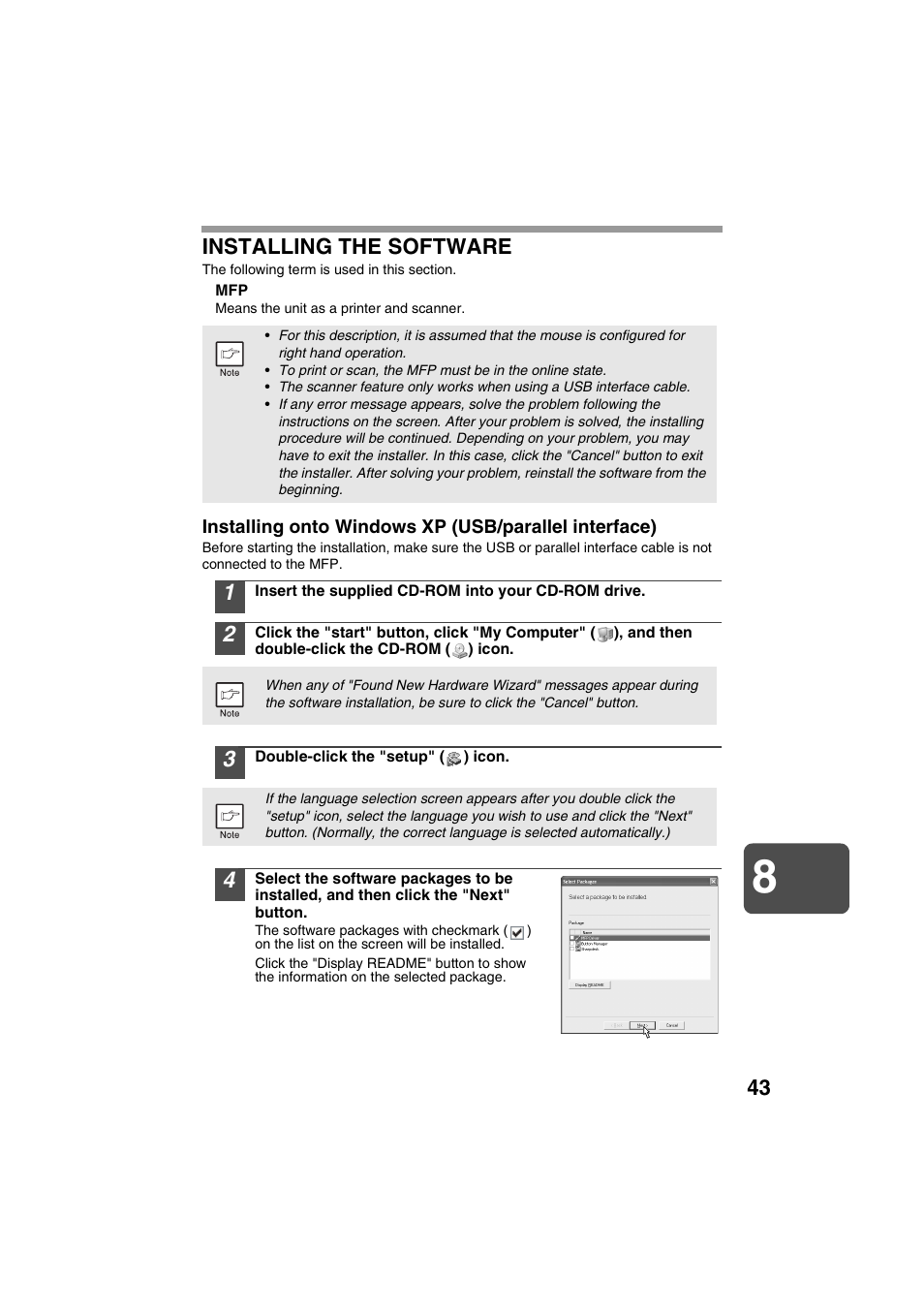 Installing the software | Sharp DIGITAL LASER COPIER/PRINTER AR-153E User Manual | Page 45 / 121