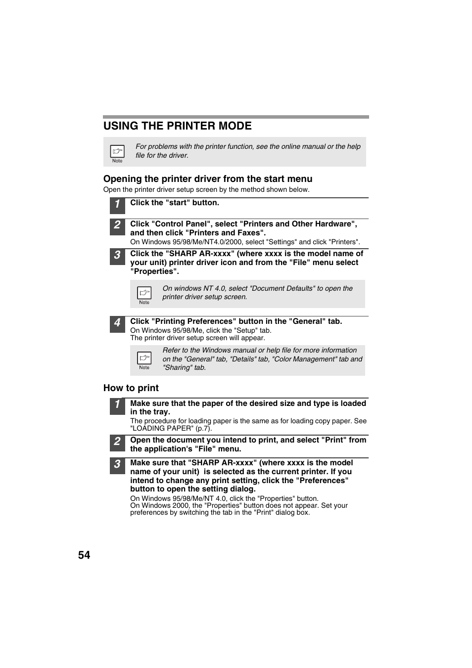 54 using the printer mode | Sharp DIGITAL LASER COPIER/PRINTER AR-153E User Manual | Page 56 / 121