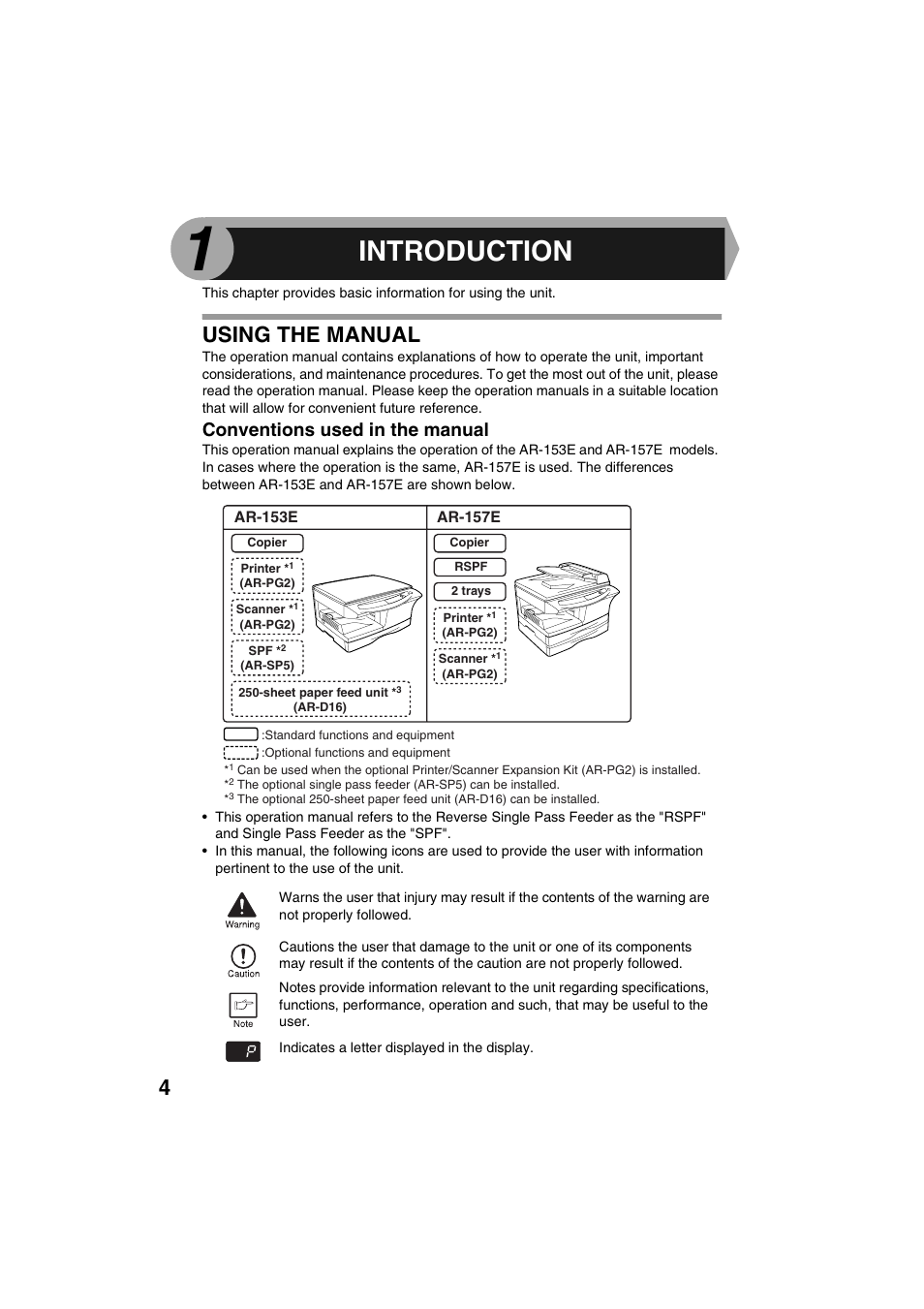 Introduction, Using the manual, Conventions used in the manual | Sharp DIGITAL LASER COPIER/PRINTER AR-153E User Manual | Page 6 / 121
