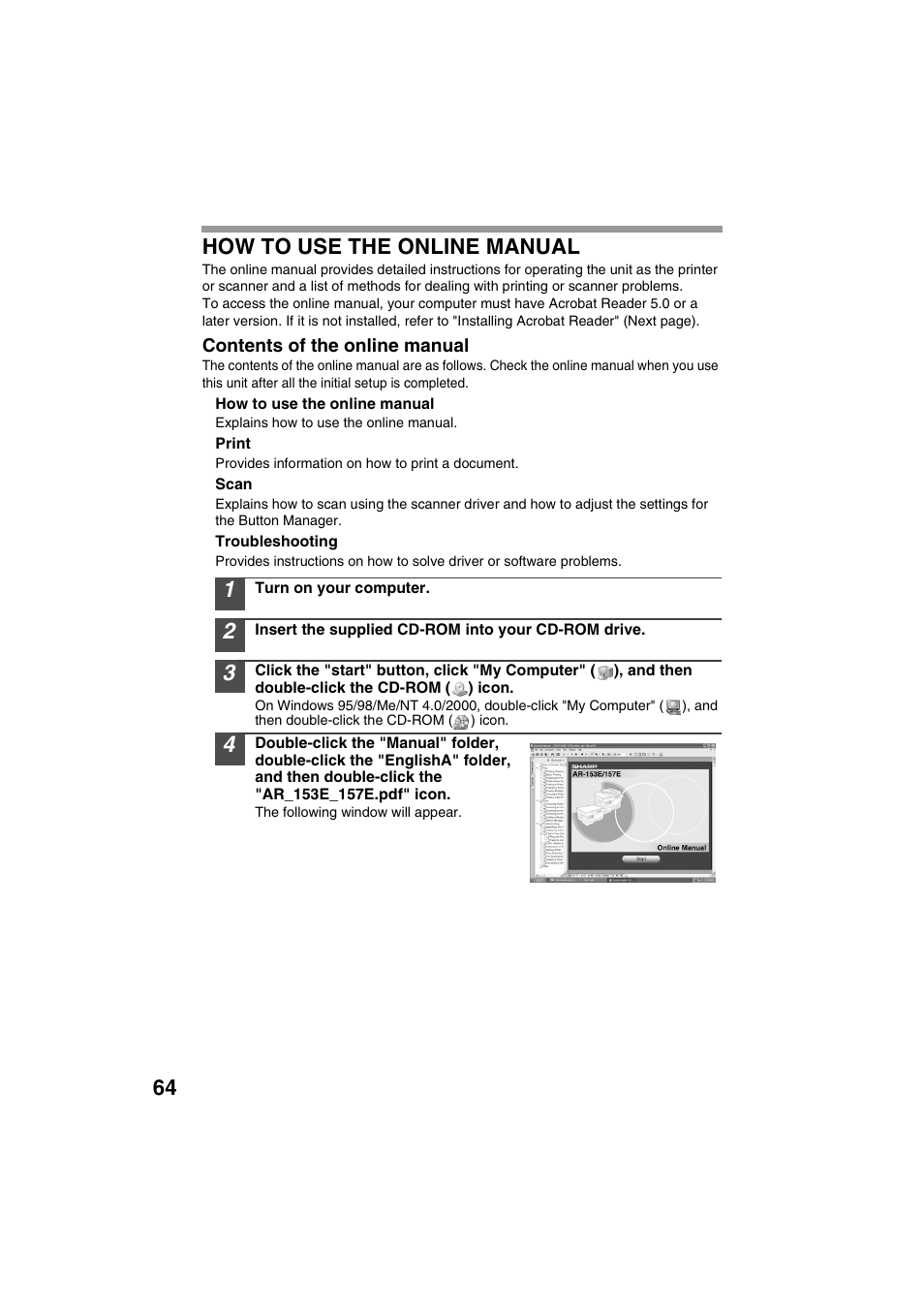 64 how to use the online manual | Sharp DIGITAL LASER COPIER/PRINTER AR-153E User Manual | Page 66 / 121