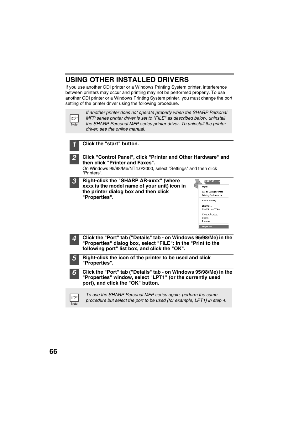 66 using other installed drivers | Sharp DIGITAL LASER COPIER/PRINTER AR-153E User Manual | Page 68 / 121