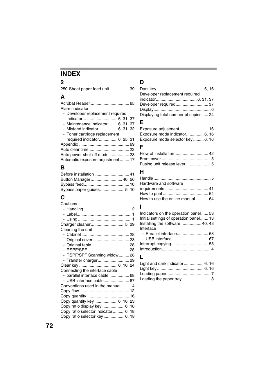 72 index | Sharp DIGITAL LASER COPIER/PRINTER AR-153E User Manual | Page 74 / 121