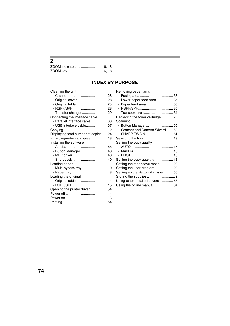 Index by purpose | Sharp DIGITAL LASER COPIER/PRINTER AR-153E User Manual | Page 76 / 121