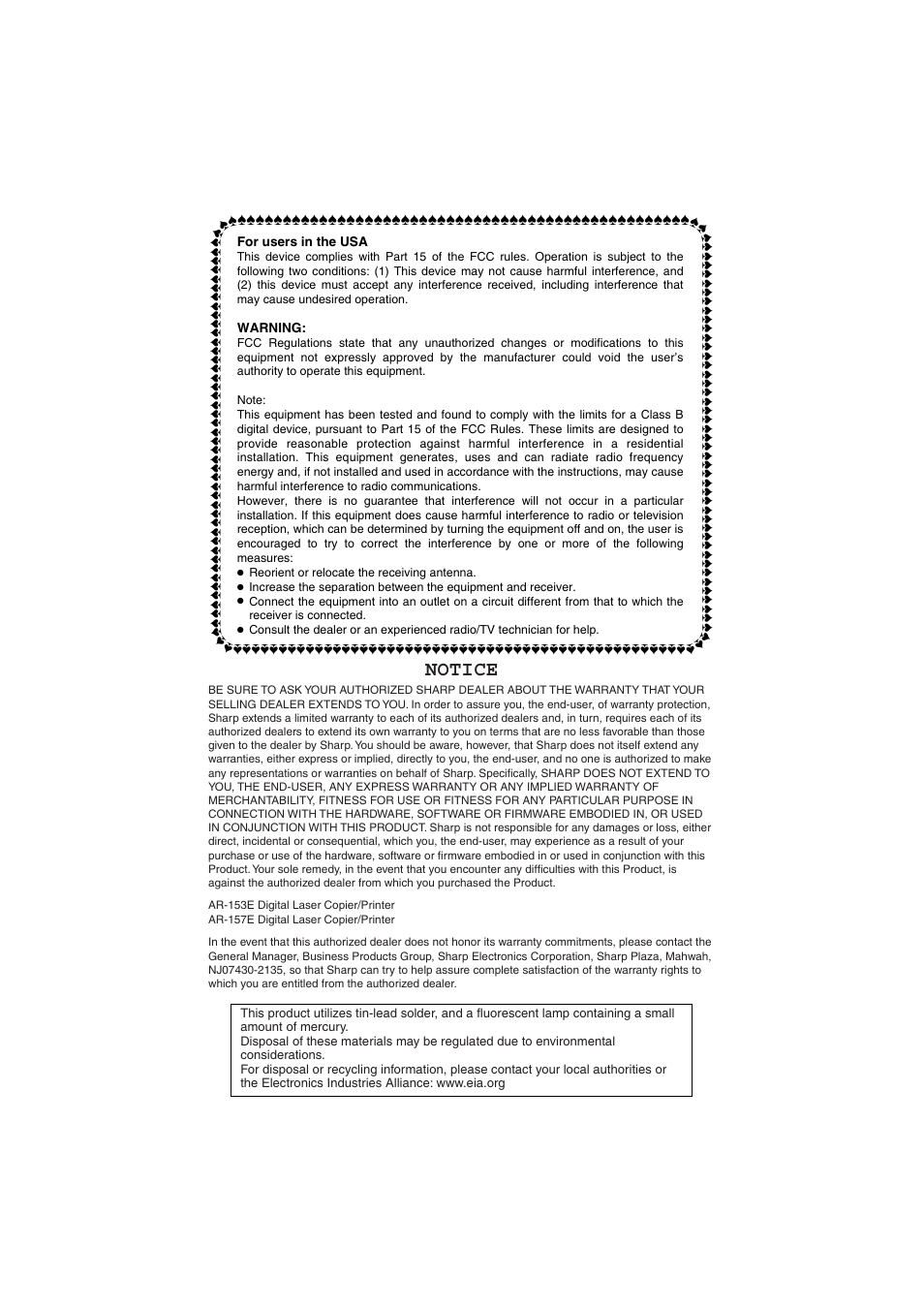 Notice | Sharp DIGITAL LASER COPIER/PRINTER AR-153E User Manual | Page 83 / 121