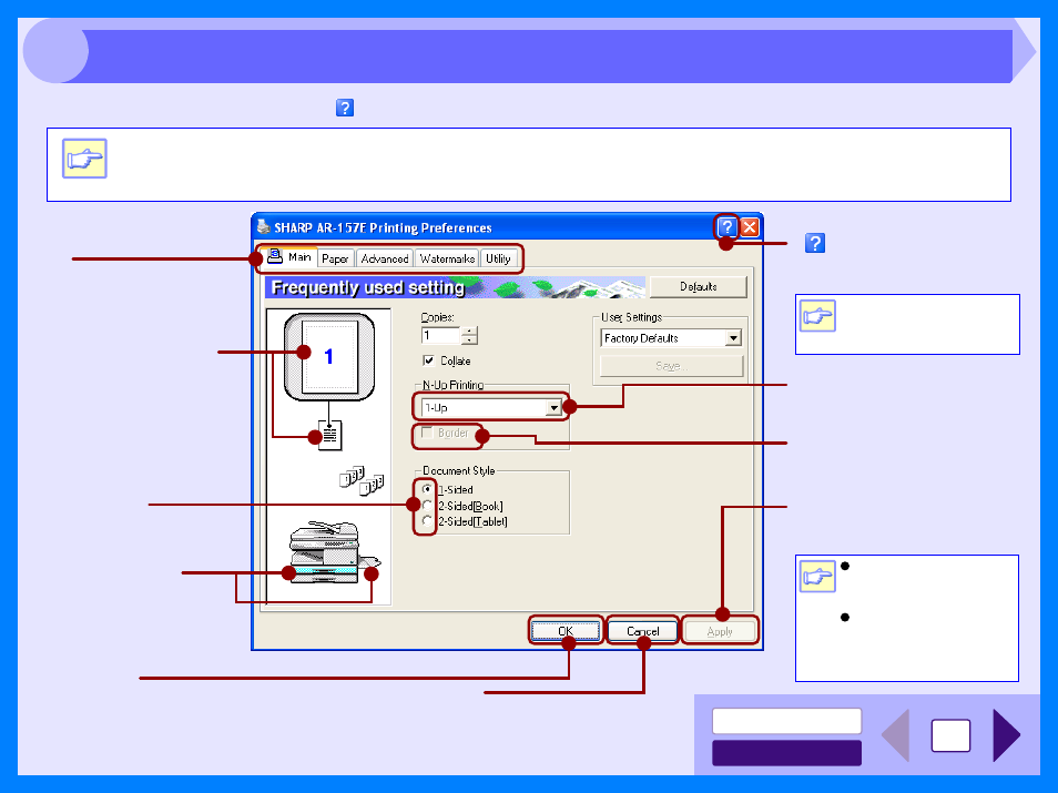 Printer driver settings | Sharp DIGITAL LASER COPIER/PRINTER AR-153E User Manual | Page 91 / 121
