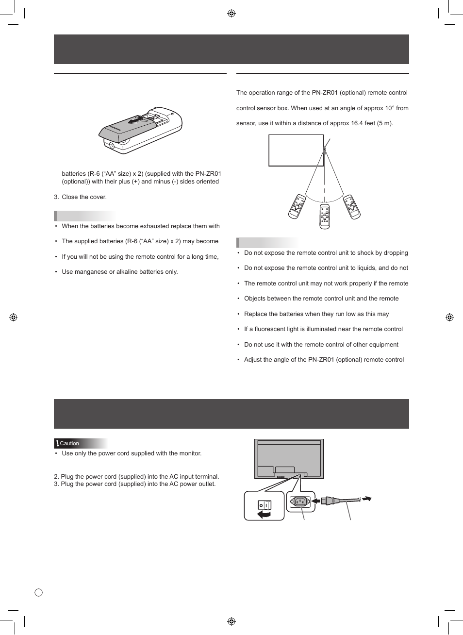 Connecting the power cord, Preparing the remote control unit, Installing the batteries | Remote control operation range | Sharp TINSE1166MPZZ User Manual | Page 12 / 40
