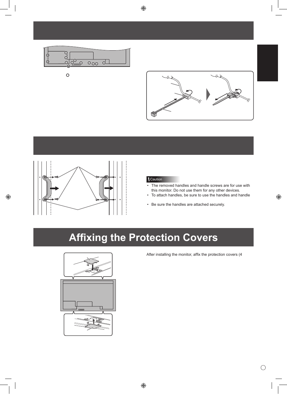 Affixing the protection covers, Binding cables, Removing the handles | English | Sharp TINSE1166MPZZ User Manual | Page 13 / 40