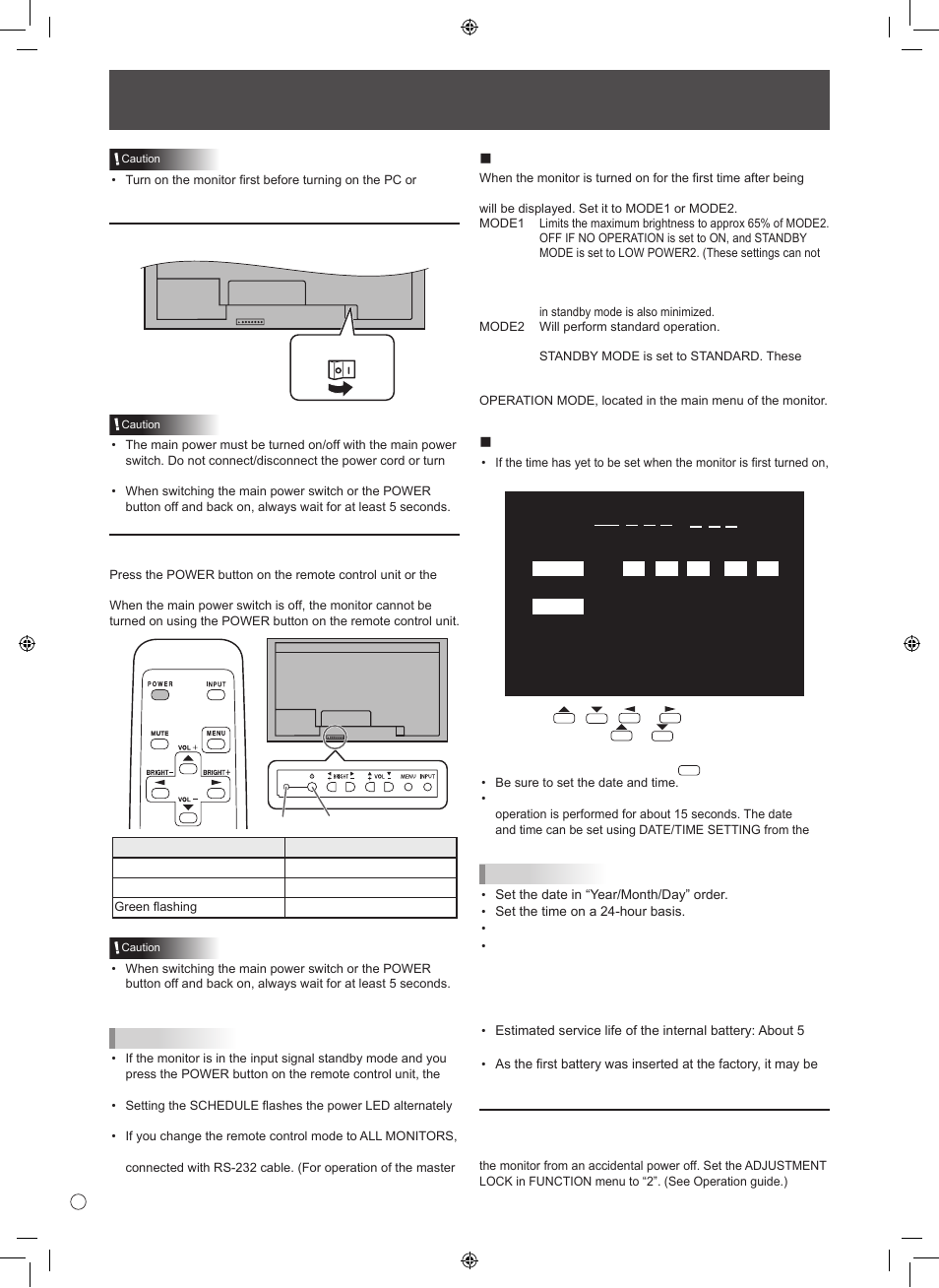 Turning power on/off, Turning on the main power, Disabling power on/off operations | N operation mode, N date/time setting | Sharp TINSE1166MPZZ User Manual | Page 14 / 40