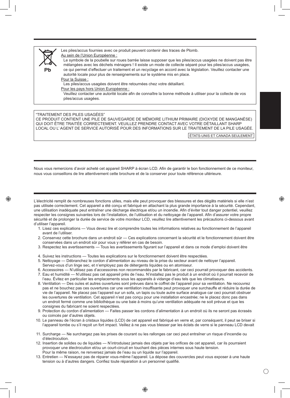 Cher client, Précautions de sécurité, Information importante (suite) | Français | Sharp TINSE1166MPZZ User Manual | Page 17 / 40