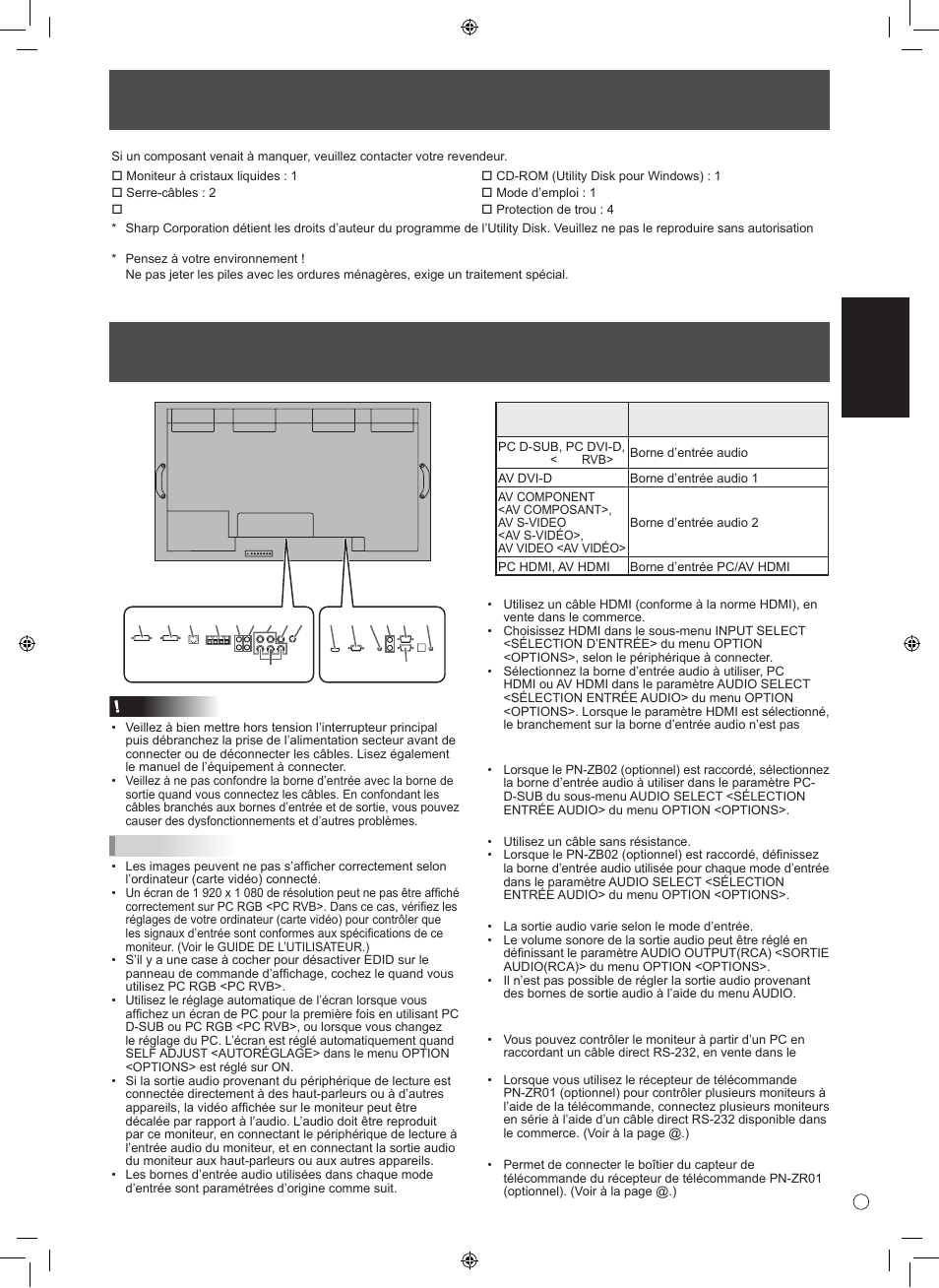 Composants fournis, Connexion de périphériques, Français | Sharp TINSE1166MPZZ User Manual | Page 21 / 40