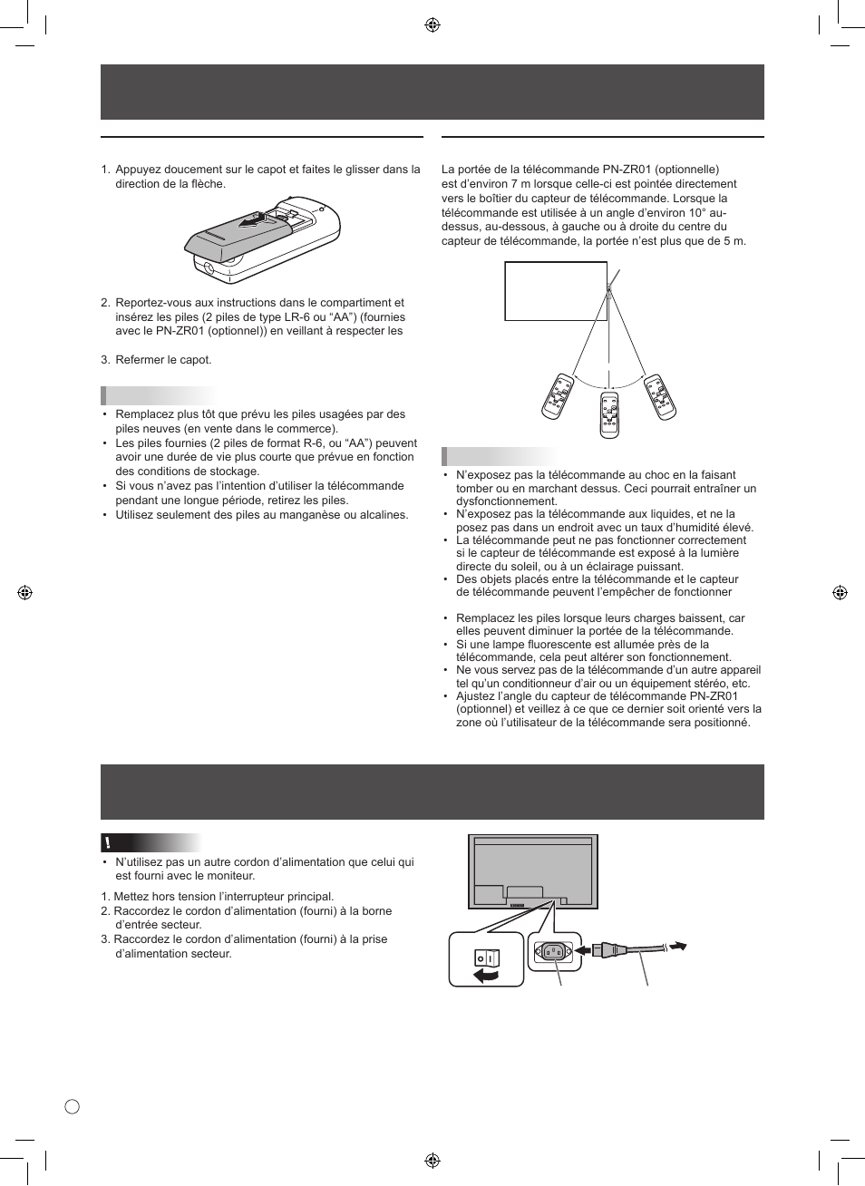 Mise en service de la télécommande, Raccordement du cordon d’alimentation, Mise en place des piles | Portée de la télécommande | Sharp TINSE1166MPZZ User Manual | Page 24 / 40