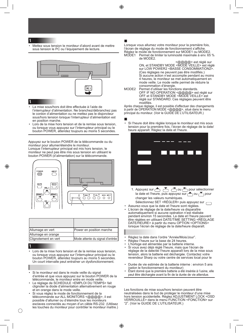 Mise sous tension et hors tension, Mise sous tension de l’interrupteur principal, Mise sous/hors tension | Nmode de fonctionnement, Nréglage de la date/heure | Sharp TINSE1166MPZZ User Manual | Page 26 / 40