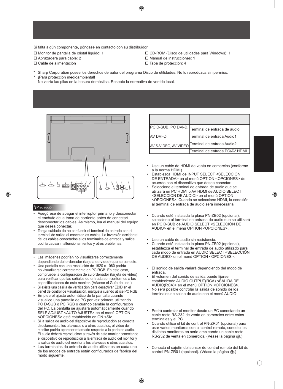 Componentes suministrados, Conexión de equipos periféricos, Esp añol | Sharp TINSE1166MPZZ User Manual | Page 33 / 40