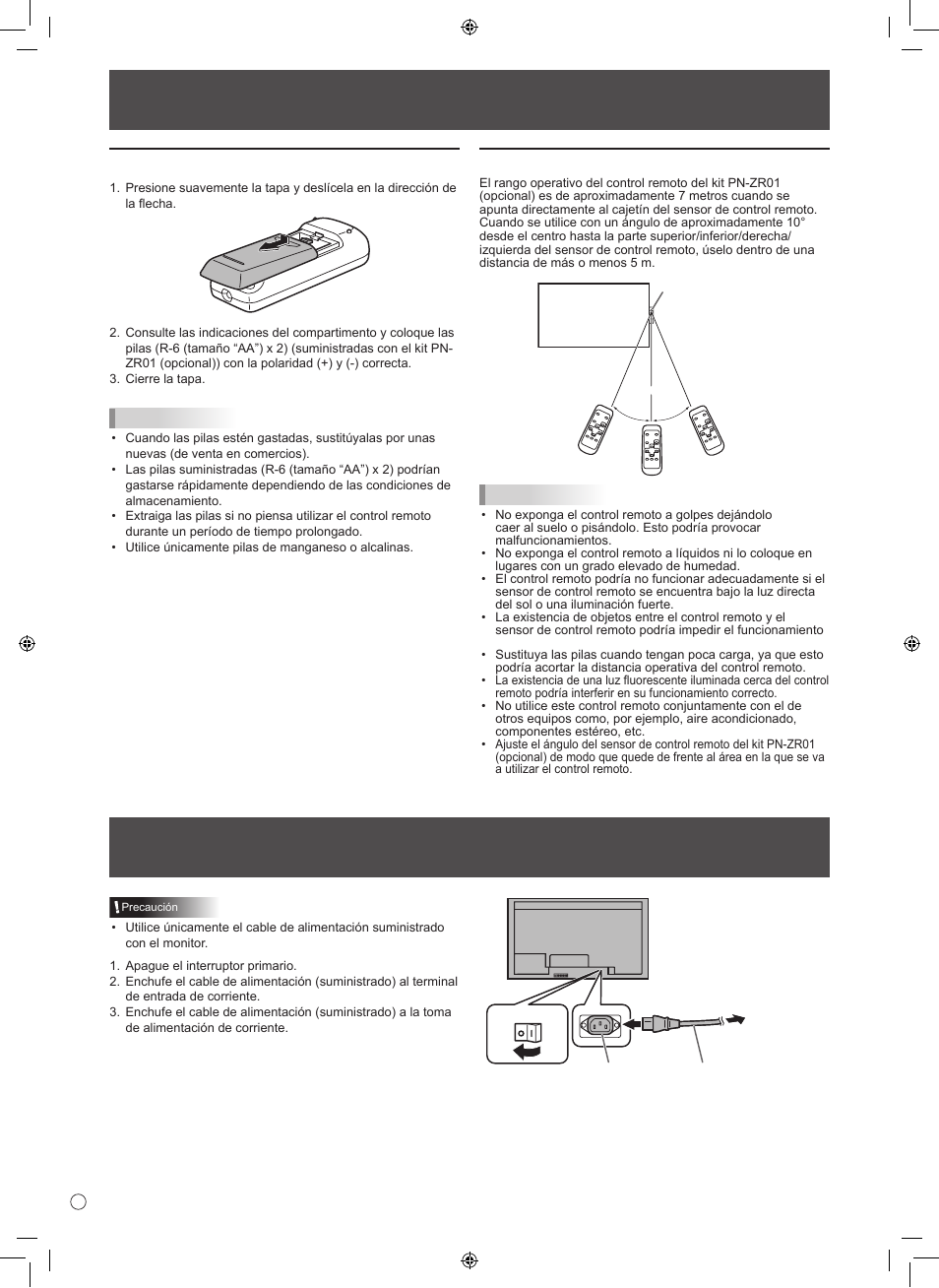 Preparación del control remoto, Conexión del cable de alimentación, Instalación de las pilas | Distancia operativa del control remoto | Sharp TINSE1166MPZZ User Manual | Page 36 / 40