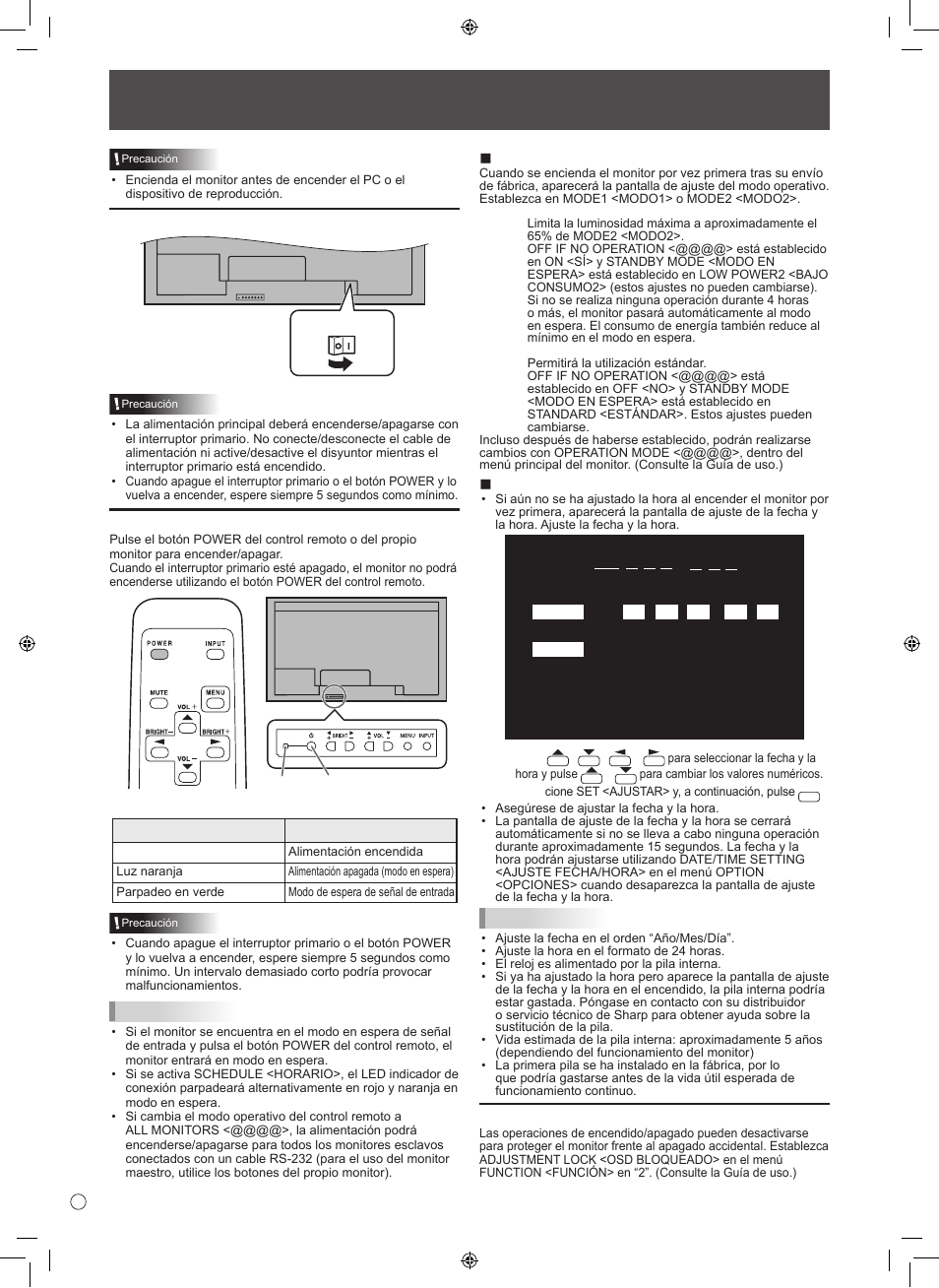 Encendido/apagado, Encendido de la alimentación principal, Nmodo operativo | Najuste de fecha y hora | Sharp TINSE1166MPZZ User Manual | Page 38 / 40