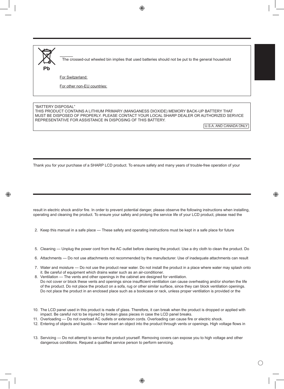 Dear sharp customer, Safety precautions, Important information (continued) | English | Sharp TINSE1166MPZZ User Manual | Page 5 / 40