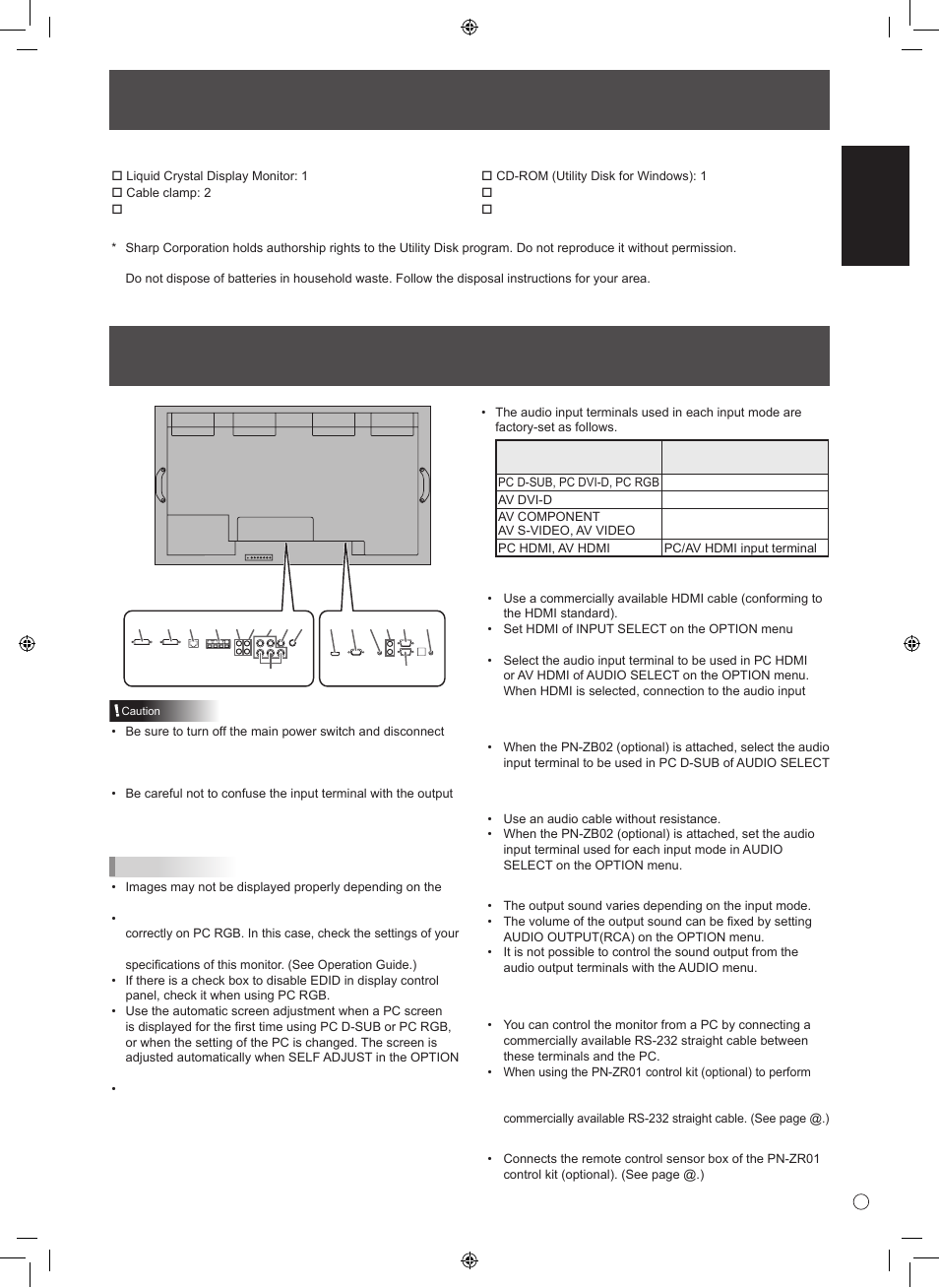 Supplied components, Connecting peripheral equipment, English | Sharp TINSE1166MPZZ User Manual | Page 9 / 40