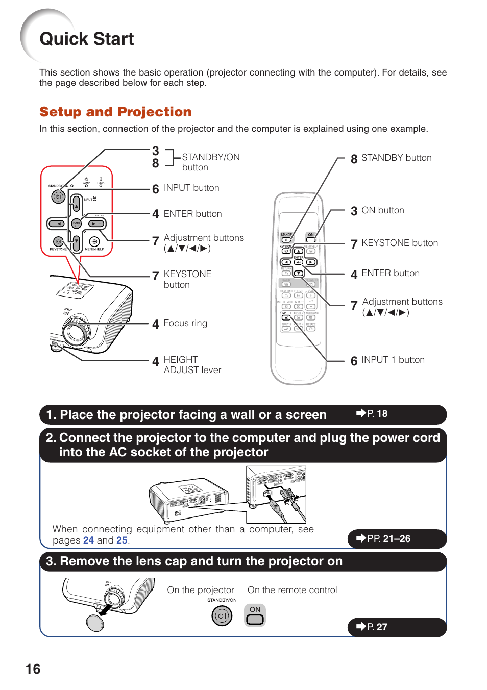 Quick start, Quic, K star | Setup and projection | Sharp XG-MB55X-L User Manual | Page 20 / 71