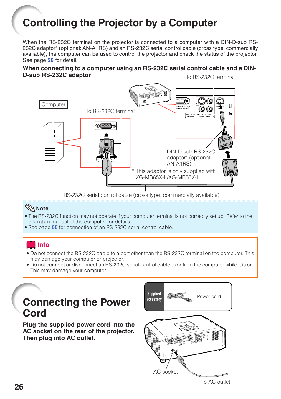 Controlling the projector by a computer, Connecting the power cord, Controlling the projector by | A computer | Sharp XG-MB55X-L User Manual | Page 30 / 71