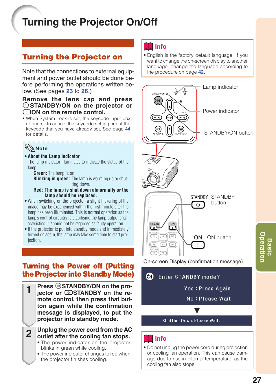 Basic operation, Turning the projector on/off, Turning the projector on | Basic, Operation, Projector into standby mode), P. 27 | Sharp XG-MB55X-L User Manual | Page 31 / 71