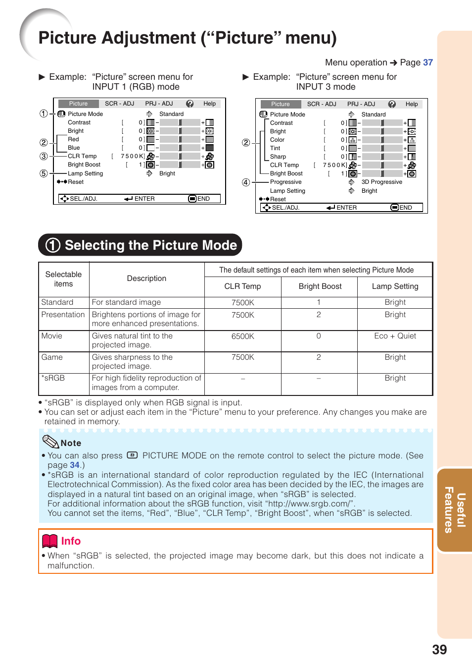 Picture adjustment (“picture" menu), Selecting the picture mode, Picture adjustment (“picture” menu) | 11 selecting the picture mode, Useful features, Info | Sharp XG-MB55X-L User Manual | Page 43 / 71