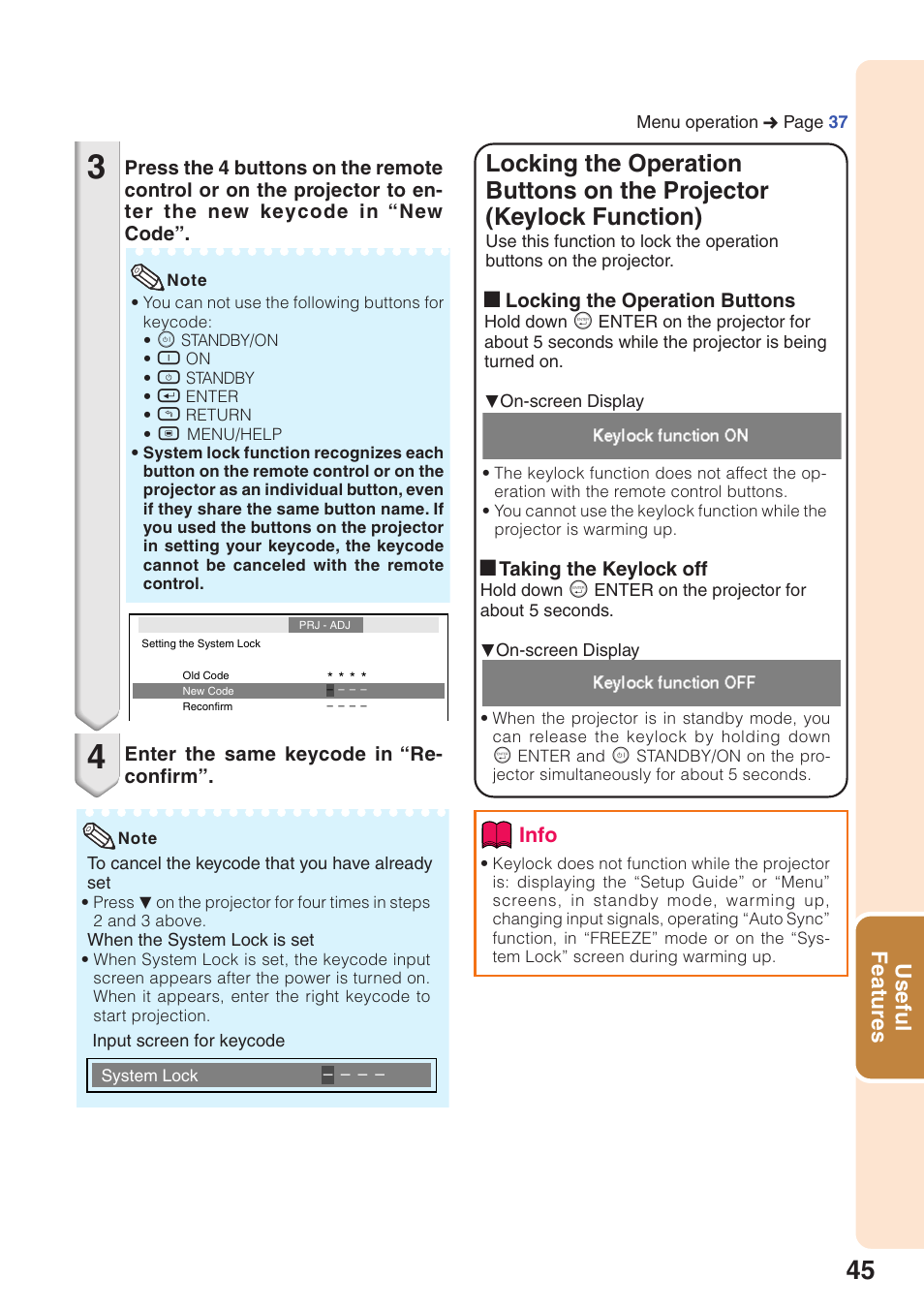 Locking the operation buttons on the, Projector (keylock function), Useful features | Sharp XG-MB55X-L User Manual | Page 49 / 71