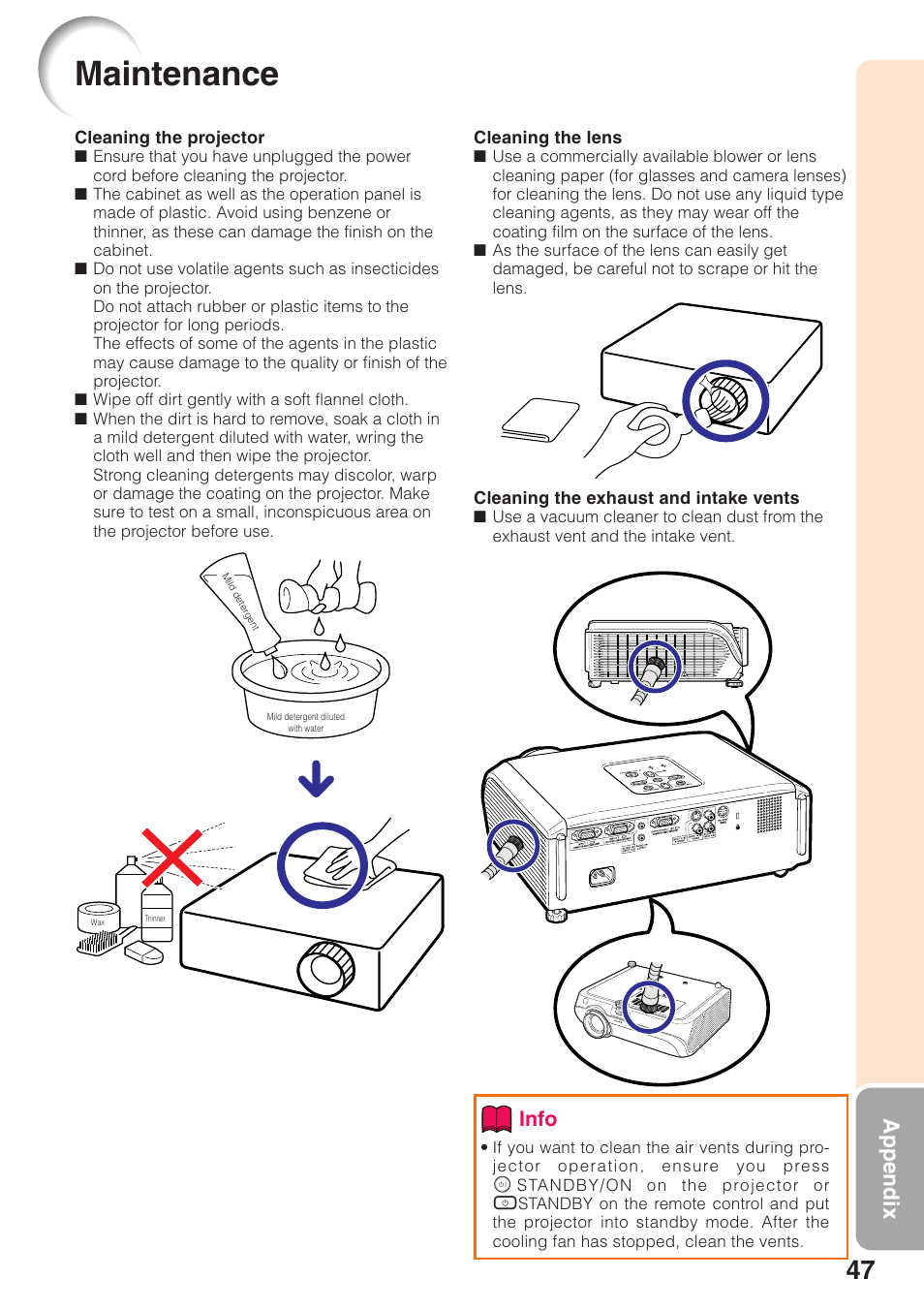 Appendix, Maintenance, P. 47 | Info | Sharp XG-MB55X-L User Manual | Page 51 / 71